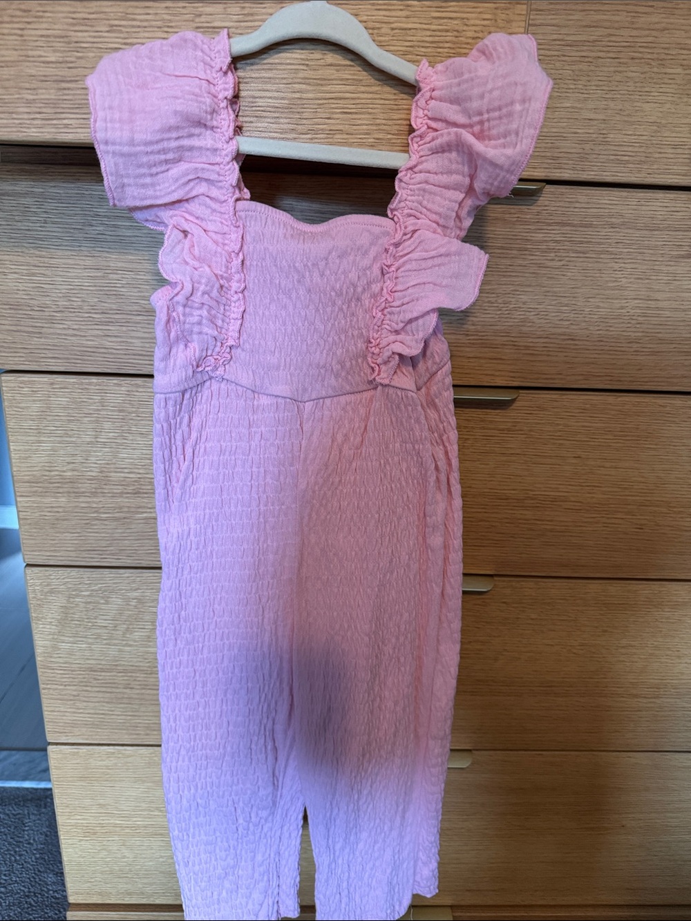 Zara Pink Ruffle-Shoulder Smocked Jumpsuit